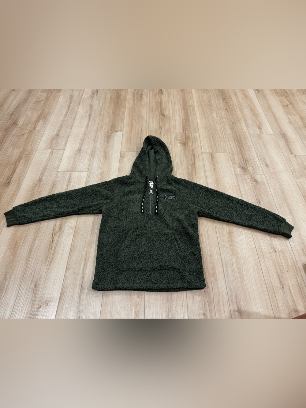 PINK Victoria’s Secret Green Sherpa Half Zip Hoodie Pullover Small - Picture 2 of 7
